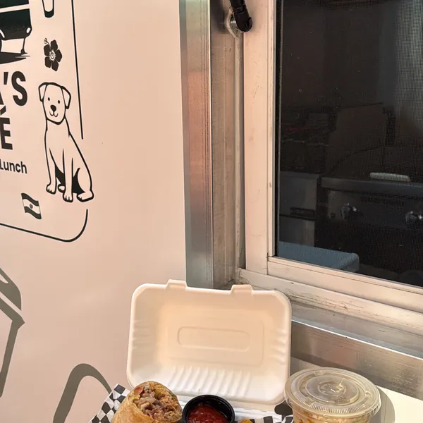 Burrito with tater tots and an iced coffee